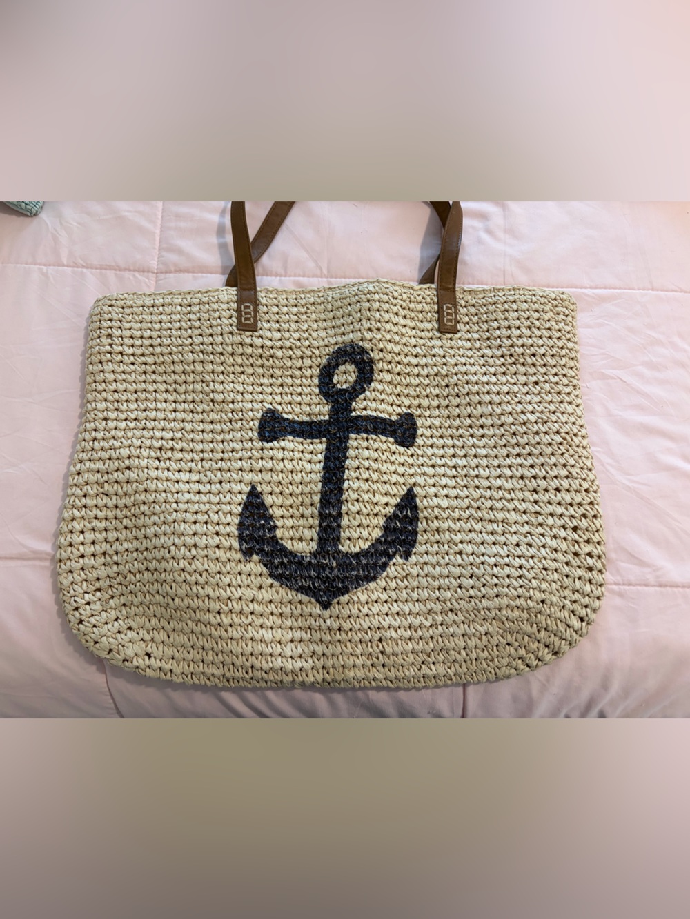 Woven Anchor Straw Shoulder Bag in Natural with Navy Anchor